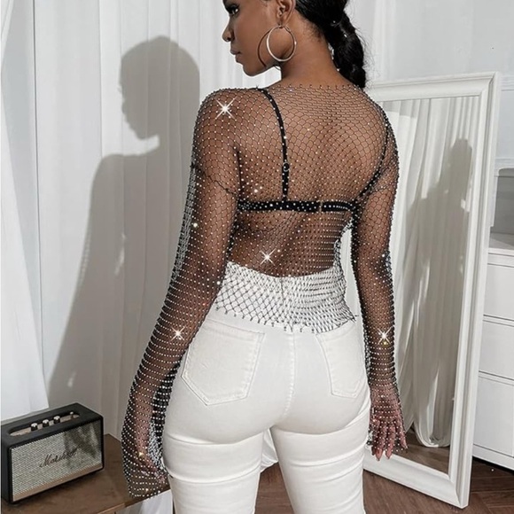 Mesh long sleeve rhinestone top - Picture 2 of 2